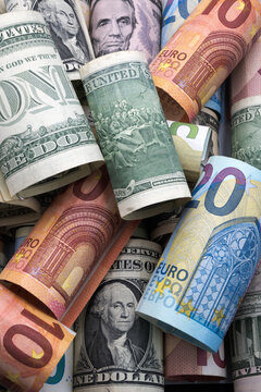 American and European currency. Money, dollars and euros.
