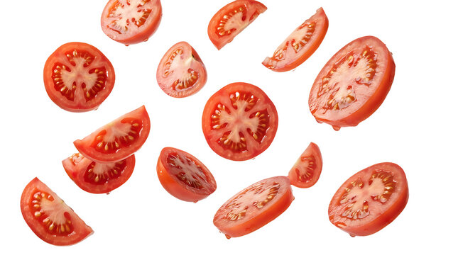 Fresh red tomato slices falling isolated on a white background with sliced veget