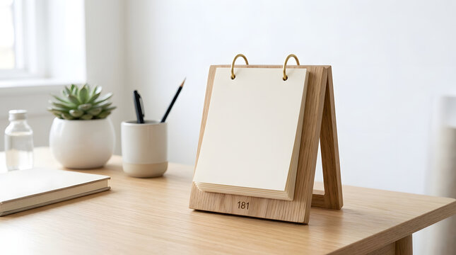 Minimalist wooden desk calendar with blank pages on a light wooden table in a bright home office workspace with a succulent plant and stationery