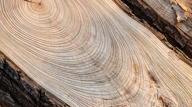 Close-up of a cut tree trunk showing detailed annual growth rings, light beige wood grain texture, and rough dark bark edges on a sawn log surface