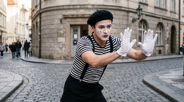 Expressive mime artist performing an invisible wall gesture on a cobblestone street in a historic European city