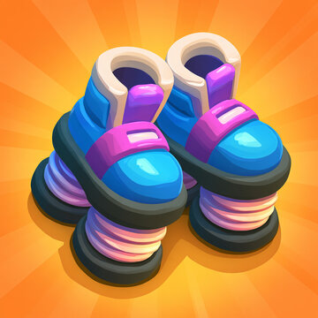 3D cartoon spring boots game icon, jump boost and high jump power up on orange background