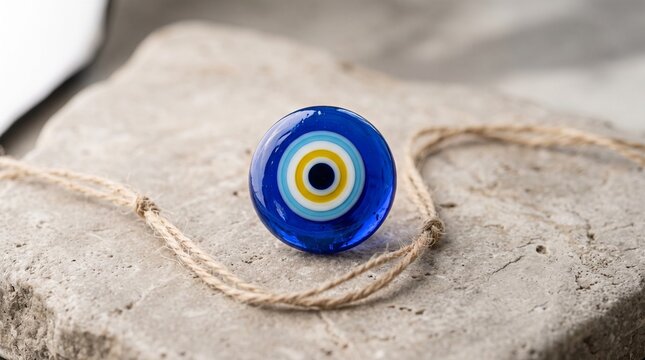 Traditional Turkish evil eye bead amulet on rustic stone surface with rope cord, blue glass nazar boncugu symbol of protection in a minimalist still life