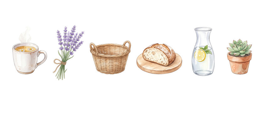 Watercolor cozy lifestyle clipart set featuring hot tea cup lavender bouquet wicker basket sourdough bread lemon water carafe succulent plant isolated on black background for rustic hygge decor