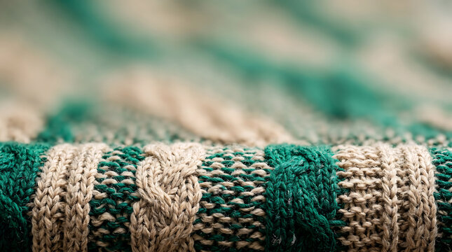 Close-up of a knitted wool fabric with alternating vertical stripes of emerald green and beige, featuring cable knit and stockinette stitch patterns