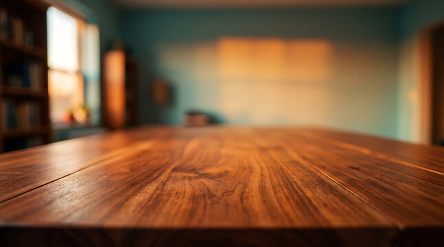 Close-up of a smooth, polished dark wooden table surface with a blurred interior room background, featuring warm golden sunlight and soft shadows