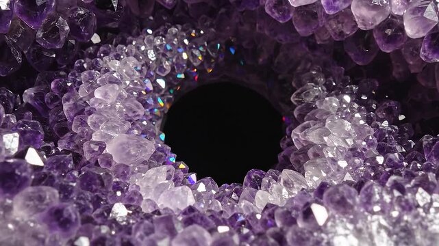 Surreal macro 3D video of sparkling purple amethyst crystal geode cavity with an empty dark eye pupil opening in mystical ambient lighting.