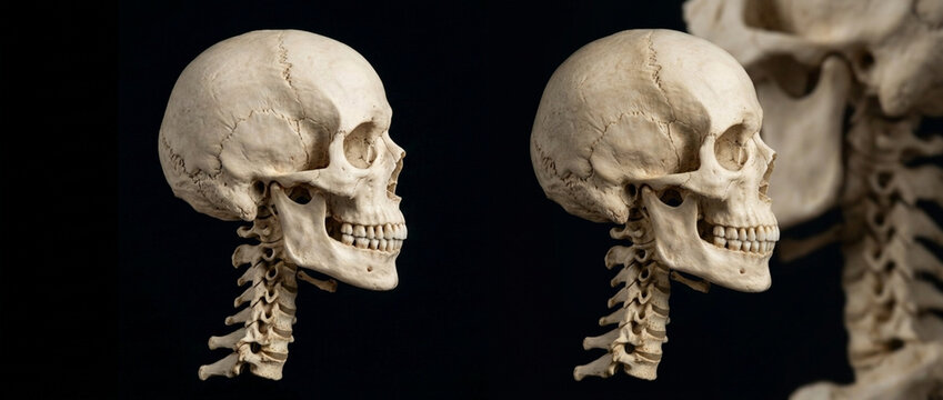 Anatomical Skeletons Side Profile Human Skulls and Vertebrae Against Dark Background