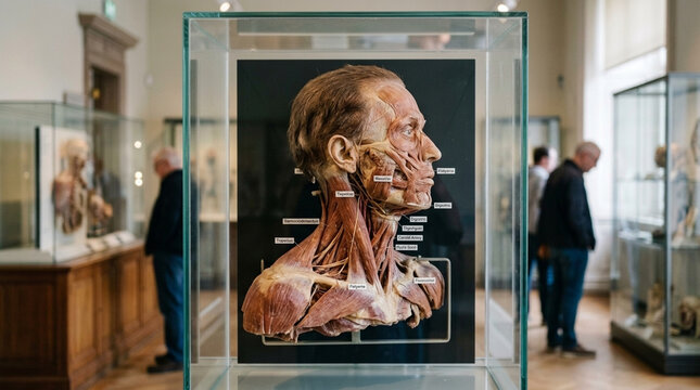 Anatomical Exhibit Dissected Human Head and Neck Displayed in Museum Case