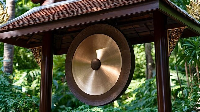 Traditional thai temple gong with ornate wooden stand