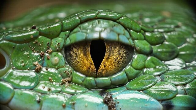 Extreme macro close up video of a green reptile snake eye with vertical slit pupil contracting amidst detailed textured scaly green skin.
