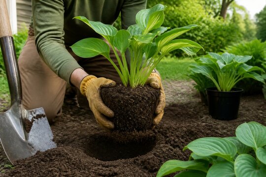 Gardener planting hosta plant in backyard garden soil