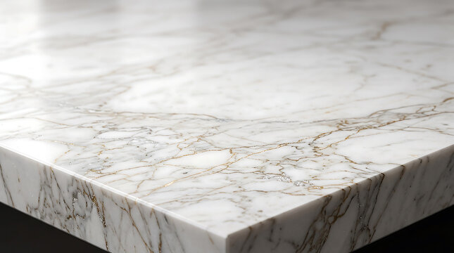 Close-up perspective of a white marble slab surface with intricate grey and gold veining, featuring a sharp corner edge and a smooth, polished stone texture