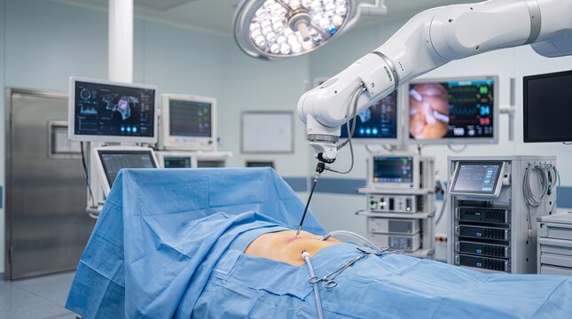 Robotic surgical arm performing laparoscopic procedure on patient abdomen under bright operating
