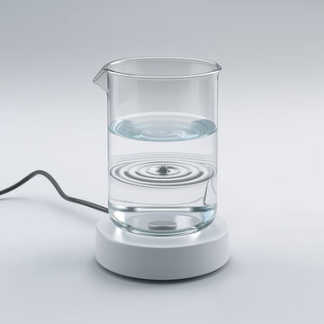 A laboratory glass beaker filled with water, placed on a white magnetic stirrer base with a visible vortex and ripples on the water surface