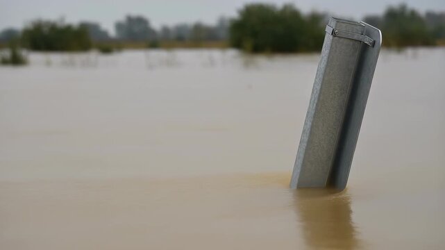 60 FPS Floodwater rising around tilted galvanized metal post in rural landscape under overcast sky