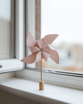 A light pink paper pinwheel toy on a wooden stand placed on a white window sill with a blurred brick wall and window frame in the background