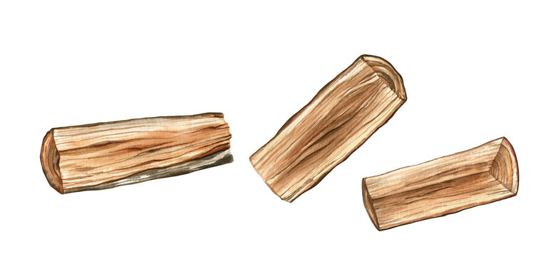 Watercolor illustrations of wooden logs. Rustic and cottagecore style, hand-drawn illustrations isolated on white. For stickers, scrapbooking