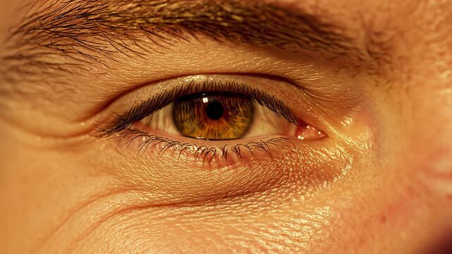 Extreme close up video of a hazel amber human eye bathed in warm golden sunset light, showing pupil dilation and delicate iris fibers in motion.
