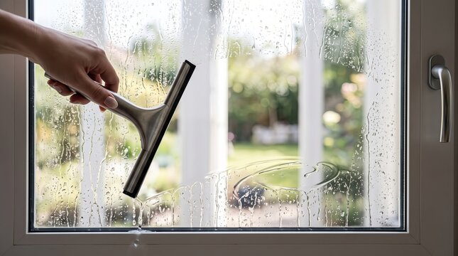 Hand using squeegee to wipe soapy water from interior glass window revealing blurred garden outside