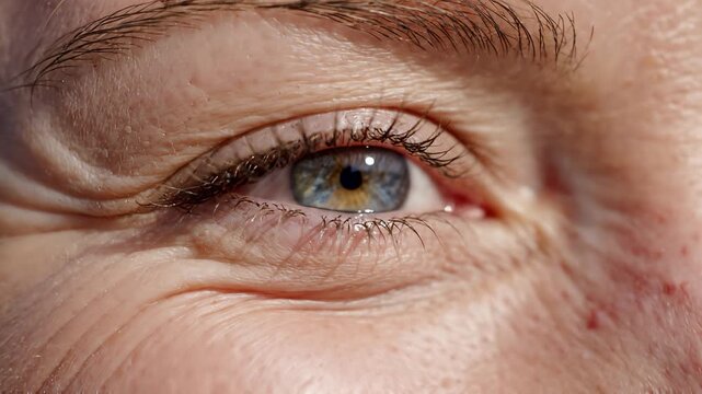 Macro close up slow motion video of a light hazel blue eye opening and focusing, revealing delicate skin texture and natural iris patterns in daylight.