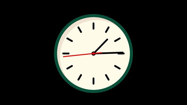 Minimalist vector clock animation ticking rapidly with black hands and a red second hand against a plain background.