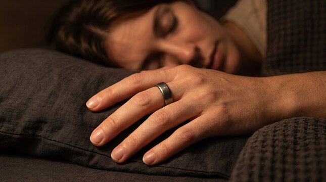 Sleeping adult with metallic smart ring on left hand resting on dark pillow under warm bedside light