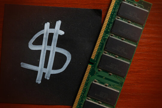 Overhead View of RAM Memory Stick and Hand-Drawn Dollar Sign Representing Hardware Costs