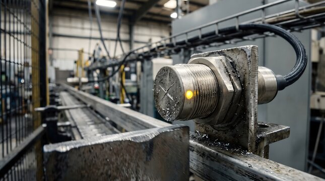 Industrial inductive proximity sensor detecting metal with LED indicator on factory automation production line