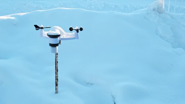 Wireless weather station on pole in snow. Sensors of temperature and humidity, Rain gauge and snow, Wind speed and direction. Climate monitoring, atmospheric research, Meteorological equipment. 4K.