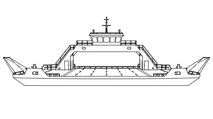 Black outline vector icon of a double-ended car ferry with open vehicle deck, wheelhouse with windows and mast, side stairs and raised bow stern ramps drawn with thin lines in side view showing hull © Ryan