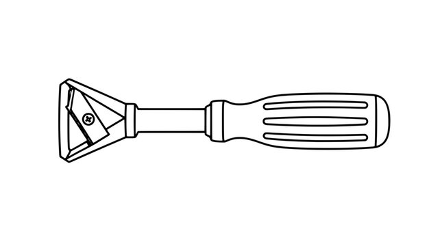 Black outline vector icon of a deburring reamer tool with triangular cutter head, visible screw and ribbed handle drawn with medium lines aligned horizontally emphasizing workshop deburring function