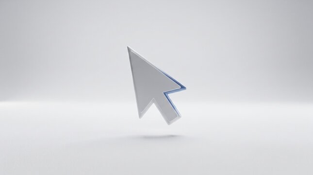 3D computer mouse cursor arrow icon hovering above a clean white minimalist studio background surface