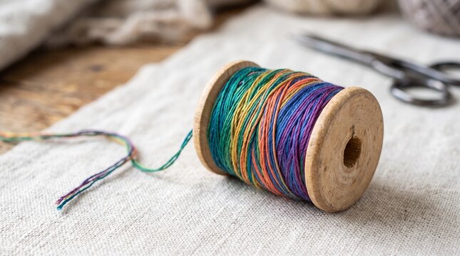 Close up of a wooden spool with vibrant multicolored thread and scissors in the background on a textured surface