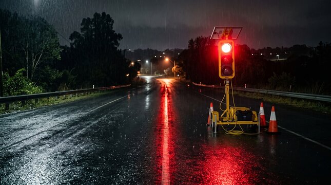 Temporary traffic signal with red light reflecting on wet rural road at night