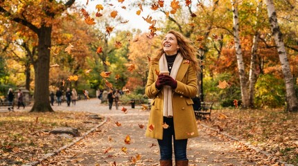 Naklejka na ściany i meble Young woman laughing amid falling leaves in autumn park