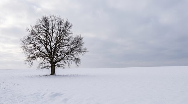 A solitary bare oak tree in a snowy winter meadow