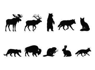 Obraz premium Wild Forest Animal Silhouette Collection, Moose, Deer, Bear, Fox, Rabbit and Woodland Wildlife Vector Set