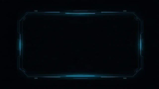 Blank sci fi holographic HUD frame with glowing cyan lines on black, futuristic game UI element