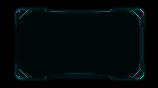 Blank sci fi holographic HUD frame with glowing cyan lines on black, futuristic game UI element