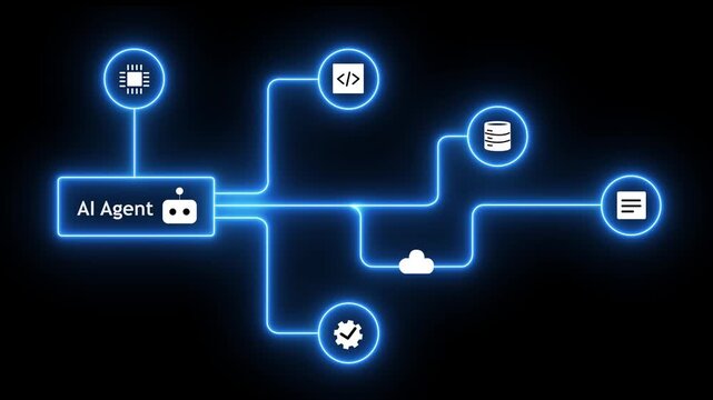 AI agent workflow automation with glowing neon technology network, connected code, database, cloud and digital process icons on black background.4k animation video.