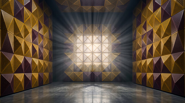 Interior room with walls featuring a perforated geometric triangular pattern in gold and dark purple, illuminated by a bright central light source casting rays across a reflective floor