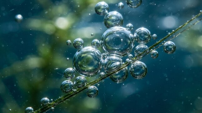 Air bubbles clinging to aquatic stem in clear water