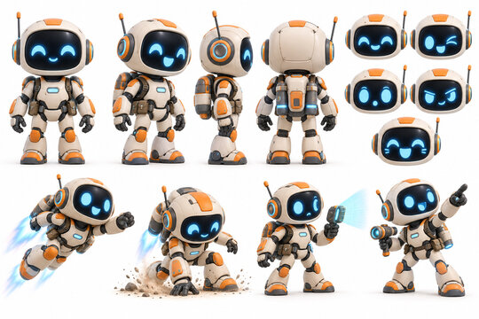Futuristic robot character sheet with multiple poses and expressions, white and orange android mascot set, 3D render of friendly toy robot for apps