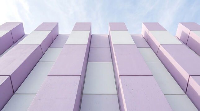Low angle view of a building facade with vertical columns in alternating pastel purple and white square panels against a pale blue sky