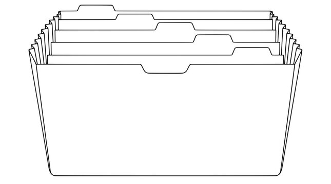 Black outline vector icon of an expanding accordion file folder with staggered tabbed dividers receding behind a front pocket with central notch drawn in medium lines for organized office storage
