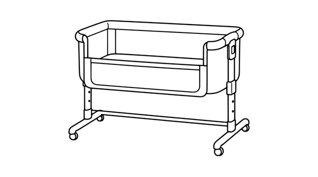 Black outline vector icon of a bedside infant co-sleeper bassinet with fabric sides, tall support legs and caster wheels drawn with bold black lines against a clean white backdrop in side angle