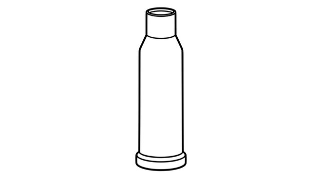 Black outline vector icon of an empty bottleneck rifle cartridge case with narrow open mouth and wide flanged base rim, rendered with bold contours in upright vertical presentation
