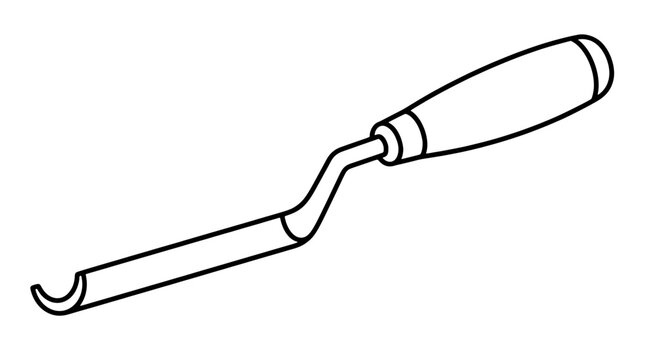 Black outline vector icon of a bricklayer mortar jointer with turned wooden handle, cranked steel shank and U-shaped tip rendered in bold lines in centered lateral composition emphasizing offset neck
