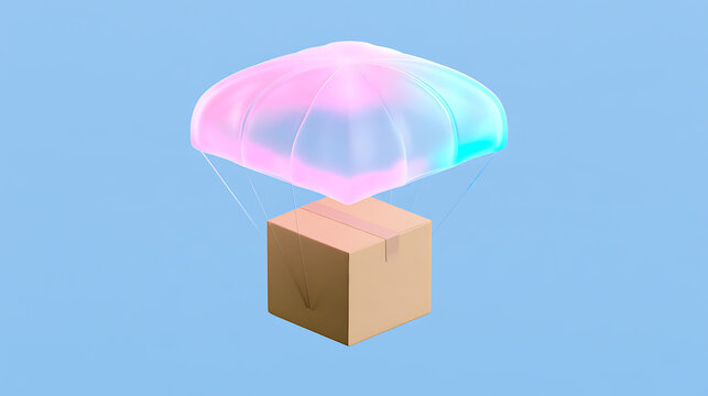 A 3D render illustration showing a cardboard delivery box descend with a glass parachute against a solid blue background for logistics